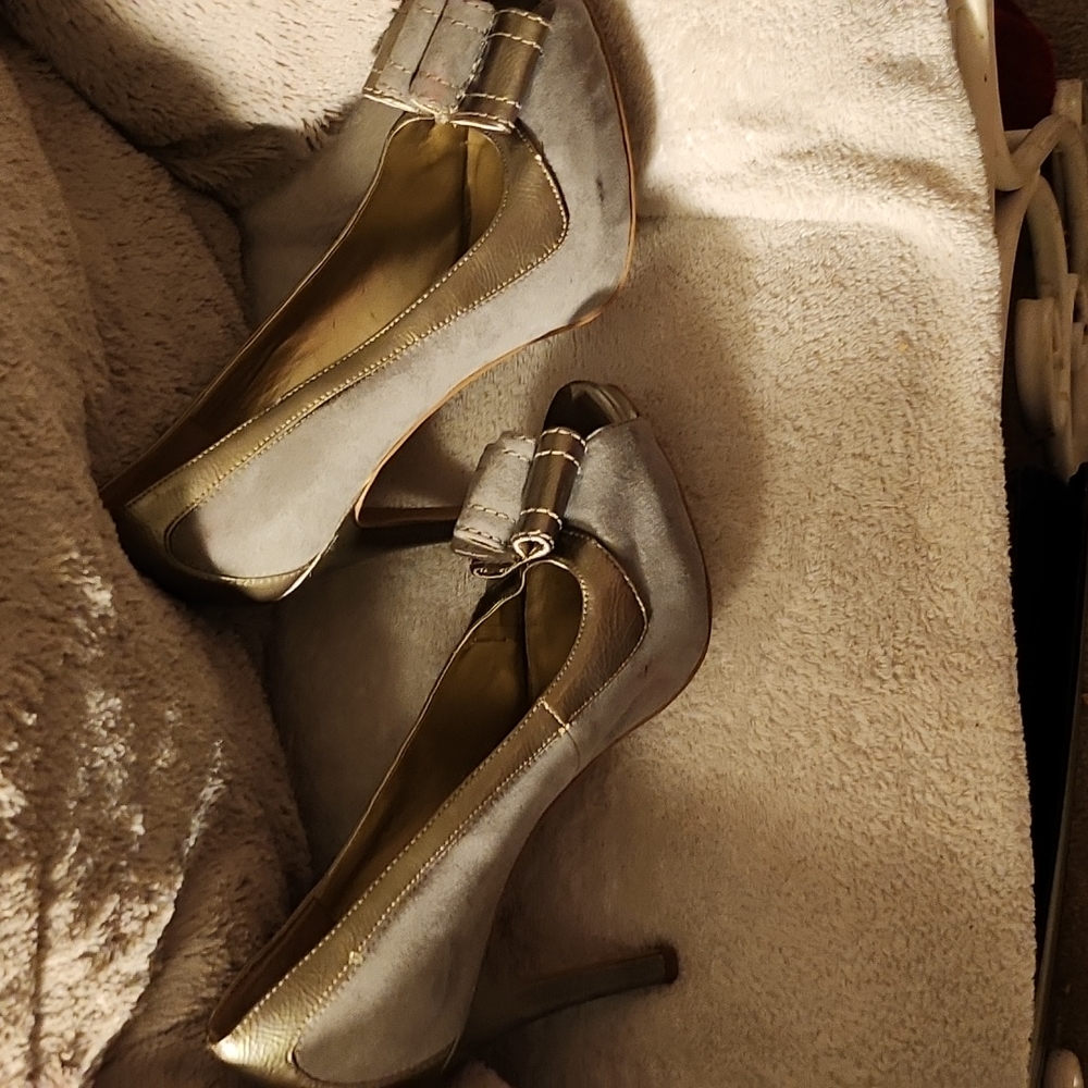 Gray suede Nine West dress heels.